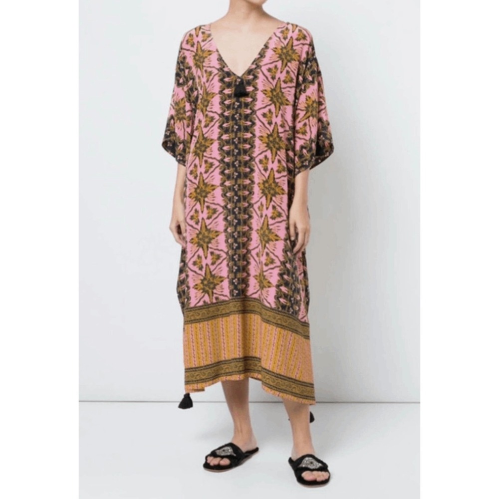 Figue Silk Kaftan Dress XL Pink Navy Batik Print Tassel Maxi Resortwear